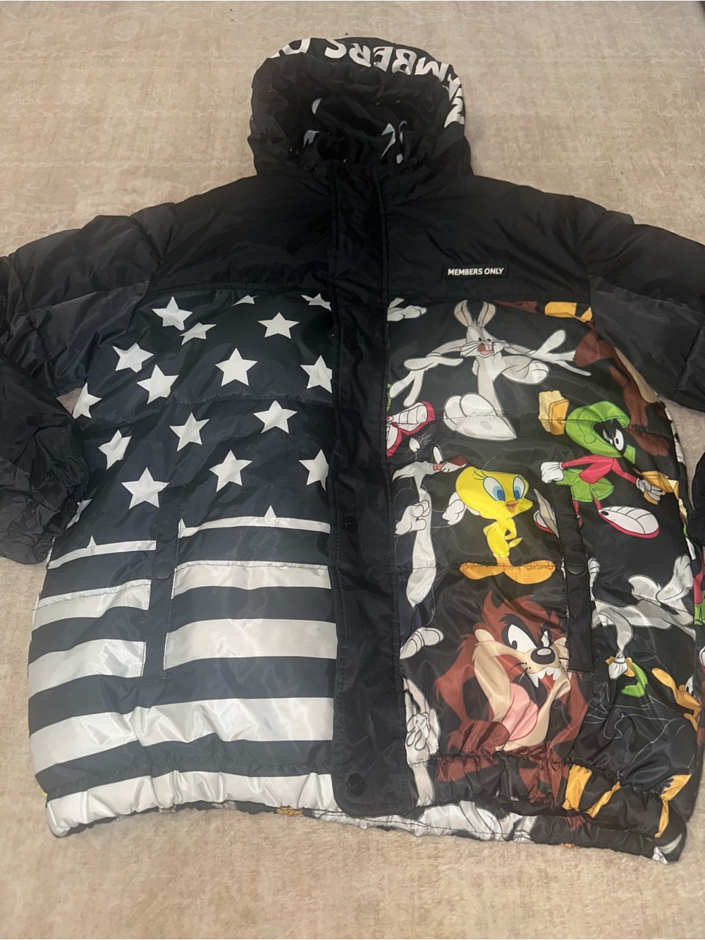 Members Only Mens Puffer Jacket - Black with Looney Tunes Characters Novelty